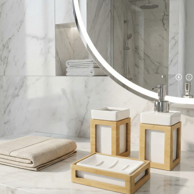 Conjunto de acessórios de casa de banho de madeira clara e cerâmica branca sobre bancada de mármore branco