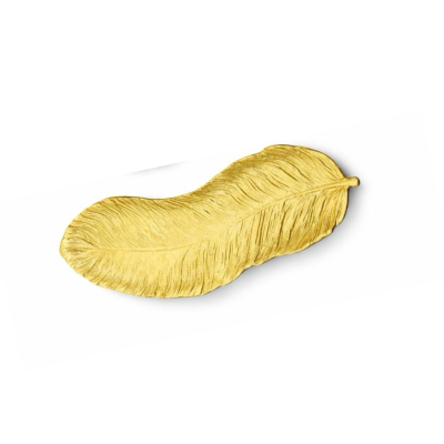 Prato decorativo dourado em forma de pena com textura detalhada