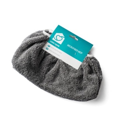 Pano de microfibra cinzento para esfregona com etiqueta azul e branca