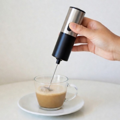 Espumador de leite elétrico a ser usado numa chávena de vidro com bebida castanha