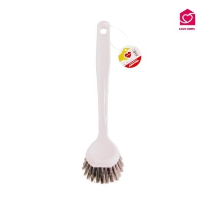 Escova de limpeza branca com cerdas cinzentas e etiqueta redonda pendurada no cabo