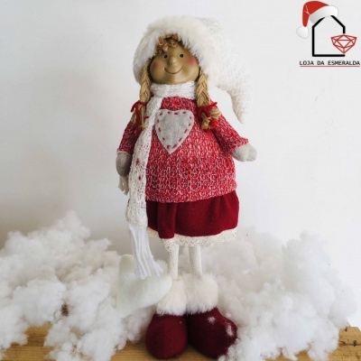 Boneca decorativa natalícia com roupa vermelha e branca e chapéu peludo