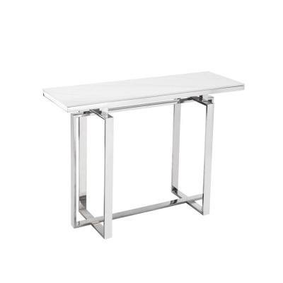 Mesa de consola com tampo em mármore branco e estrutura metálica cromada