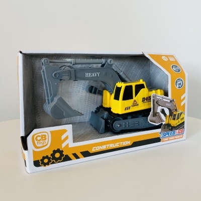 Brinquedo de escavadora amarelo e cinzento na embalagem