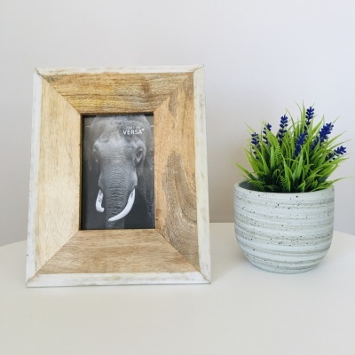 Moldura de madeira com fotografia de elefante ao lado de vaso com plantas e flores roxas