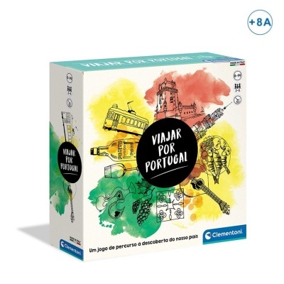 Caixa de jogo de tabuleiro 'Viajar por Portugal' com ilustrações coloridas