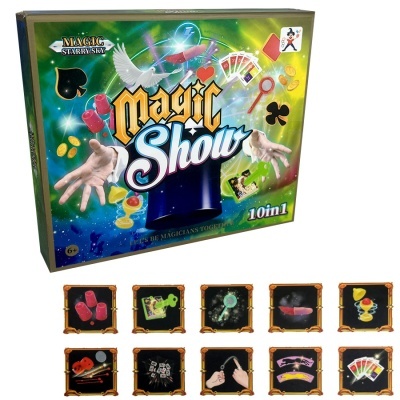 Caixa do jogo Magic Show 10 em 1 com vários acessórios de ilusionismo sobre fundo verde.