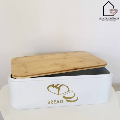 Caixa para pão branca com tampa de madeira e desenho dourado