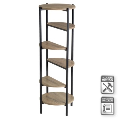 Estante de canto de cinco prateleiras em madeira clara com estrutura preta, acessórios indicam montagem requerida