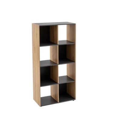 Estante modular madeira clara com prateleiras pretas e seis compartimentos