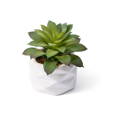 vaso branco texturado com planta suculenta artificial verde