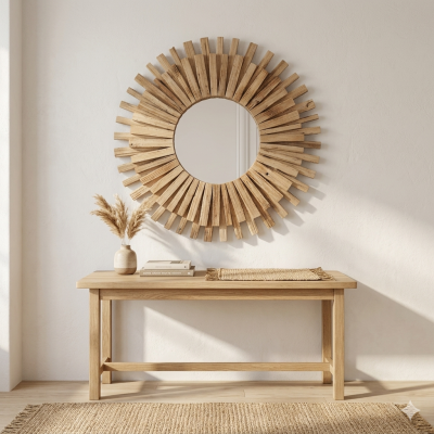 Mesa de madeira com vaso, livros, tapete e espelho redondo de madeira na parede branca