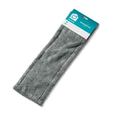 Pano de microfibra cinzento com etiqueta azul e branca.