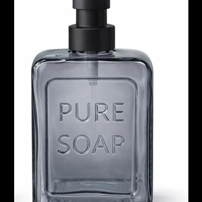 Frasco quadrado de vidro cinza com dispensador preto e texto PURE SOAP