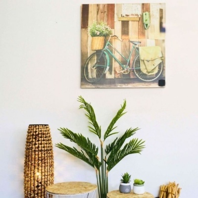 Decoração interior com bicicleta em quadro, luminária de ráfia, plantas e móveis de madeira clara