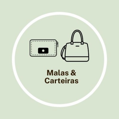Ícones de uma carteira e uma mala com o texto Malas & Carteiras num círculo branco sobre fundo verde claro