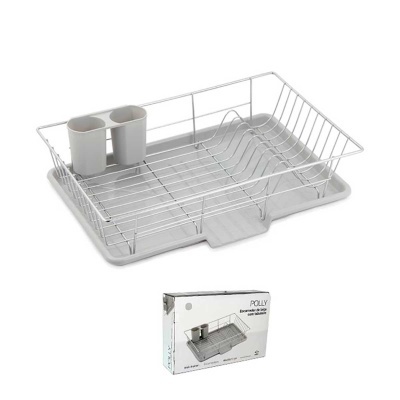 Escorredor de loiça metálico e cinzento com porta-talheres e embalagem ao lado