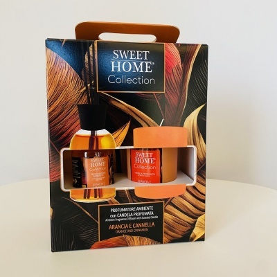 Embalagem com difusor e vela perfumada SWEET HOME Collection, tema laranja e canela.