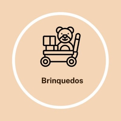 Ícone preto de carrinho com blocos e ursinho e texto Brinquedos num círculo branco sobre fundo bege