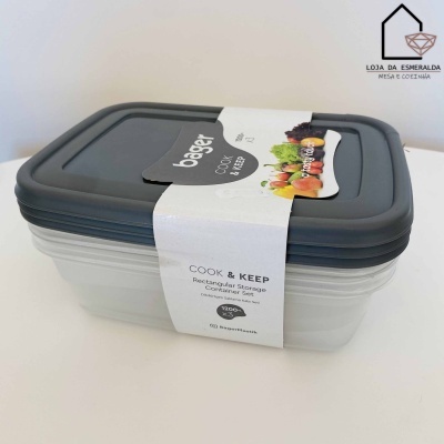 Conjunto de recipientes retangulares para armazenamento com tampas cinza e etiqueta branca