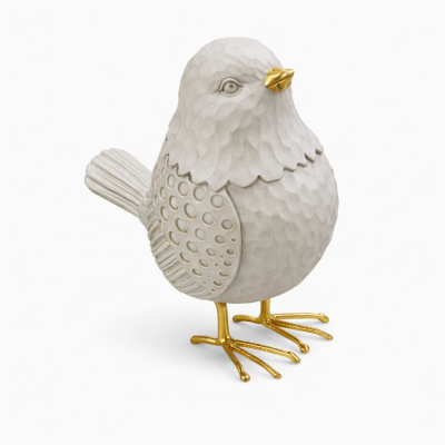 Estatueta decorativa de pássaro branco com bico e patas douradas