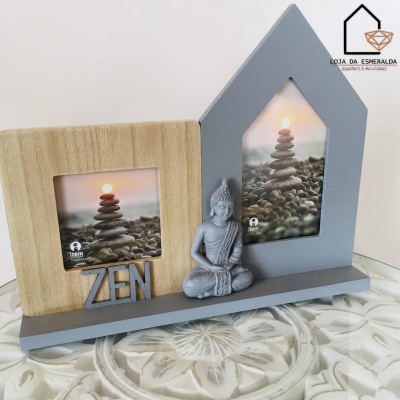 Suporte para fotos duplo em madeira com figura de Buda e palavra ZEN