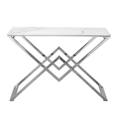 Mesa de consola com tampo de mármore branco e base cromada geométrica