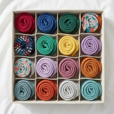 Meias enroladas em caixa organizadora, várias cores e padrões