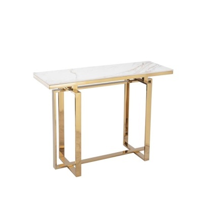 Mesa console de mármore branco com estrutura metálica dourada