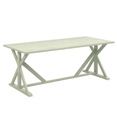 Mesa de madeira cinza claro com pernas em X e tampo retangular