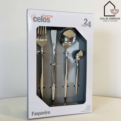 Conjunto faqueiro inox 24 peças Celos Home em embalagem branca com janela