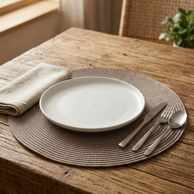 Mesa de madeira com prato branco, talheres de aço e guardanapo bege num descanso de prato trançado.