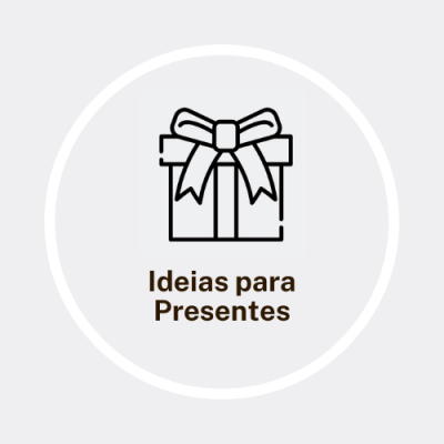 Ícone de presente com laço e texto Ideias para Presentes