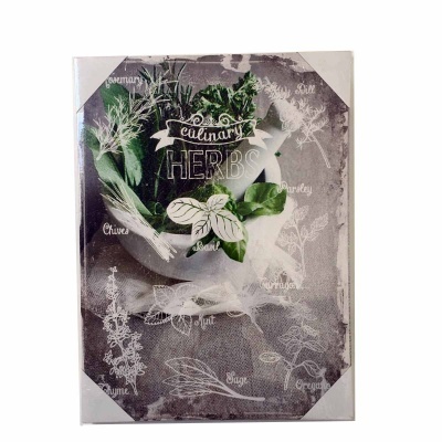 Tela decorativa com desenhos e nomes de ervas culinárias em inglês em fundo cinzento