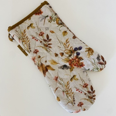 Luva de forno em tecido floral com fundo cinza