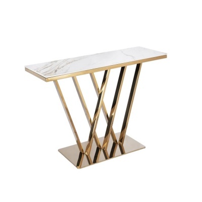 Consola moderna com tampo em mármore branco e estrutura metálica dourada