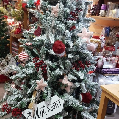 Árvore de Natal coberta de neve e enfeites vermelhos e rosa, placa com 