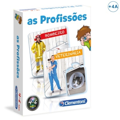 Caixa de jogo educativo as Profissões com imagens de bombeiro e veterinária