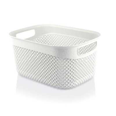 Cesto branco de plástico com padrão vazado e alças retangulares
