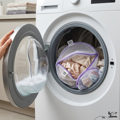 Máquina de lavar roupa branca com roupas em redes de malha branca dentro