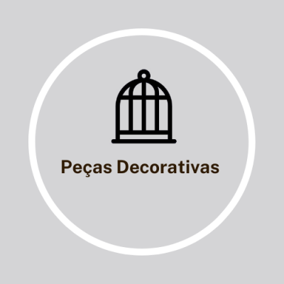 Ícone preto de gaiola com texto 'Peças Decorativas' num fundo cinzento