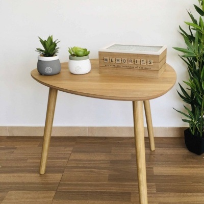 Mesa de madeira clara com plantas e caixa decorativa MEMORIES