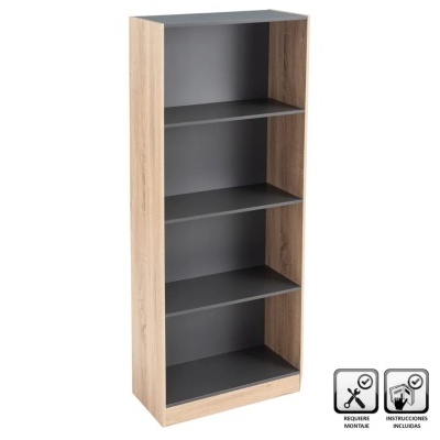 estante alta preta e madeirada com quatro prateleiras