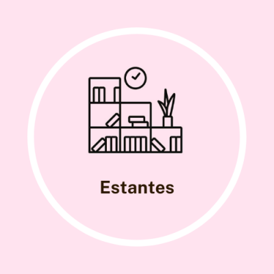 Ícone de estantes com livros e planta num círculo branco sobre fundo cor-de-rosa