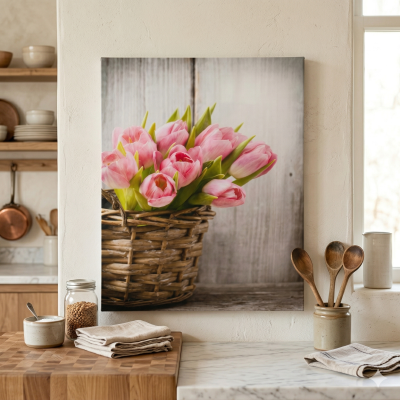 Quadro decorativo com flores tulipas cor-de-rosa em cesto de vime sobre bancada de cozinha