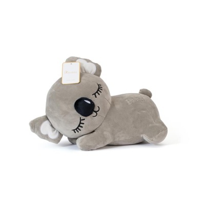 Pelúcia canguru cinzento deitado com olhos fechados e nariz preto