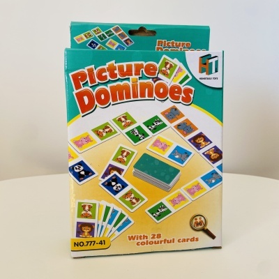 Caixa do jogo Picture Dominoes com peças ilustradas de animais coloridos