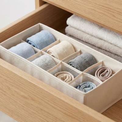 Organizador de gaveta em tecido bege com meias coloridas enroladas e toalhas empilhadas numa gaveta de madeira clara.