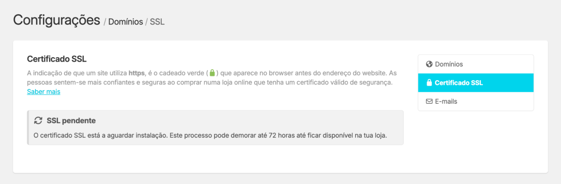 Informação do estado do certificado SSL na área de gestão