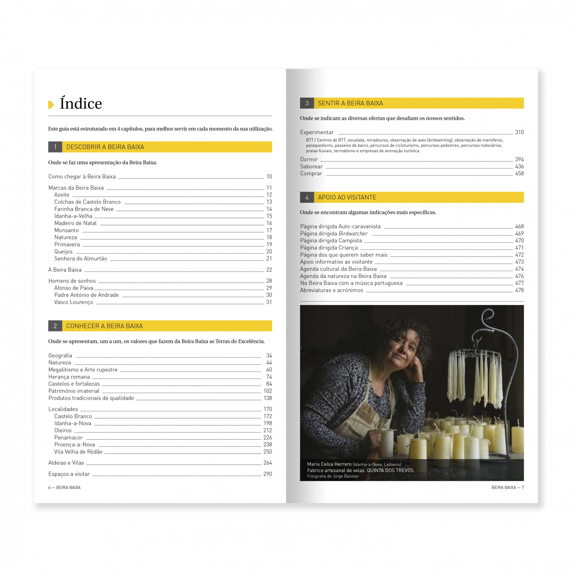 Beira Baixa - Terras de excelência Índice de livro em português com texto e imagem de mulher e velas